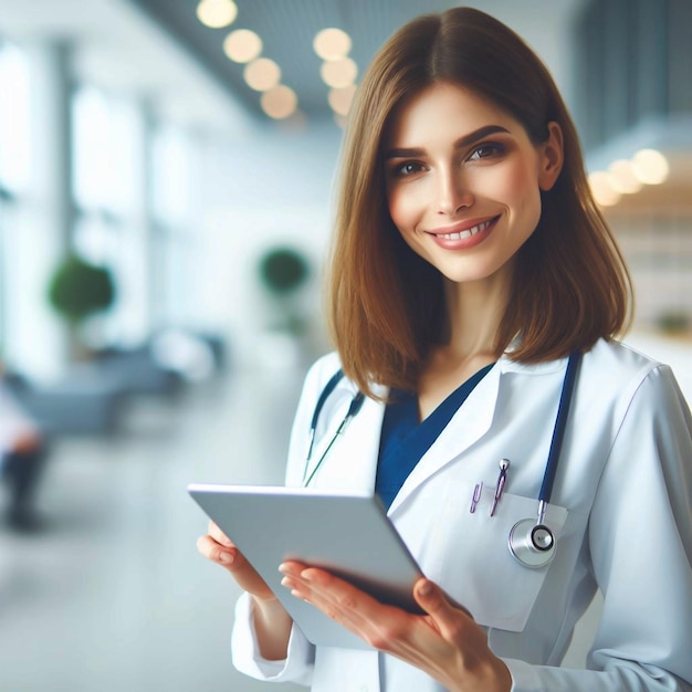 a female doctor is holding a tablet with a stethoscope around her neck