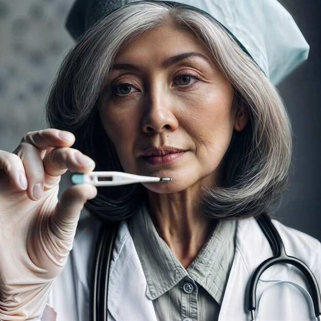 A female doctor is holding a thermometer in her mouth