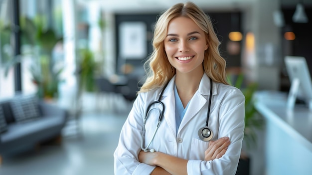 a female doctor is standing in a hospital with her arms crossed and smiling