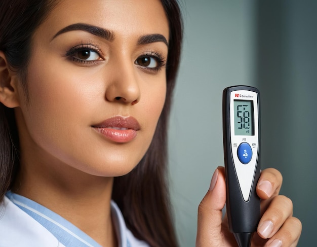 A female doctor is using a digital thermometer as a communication device