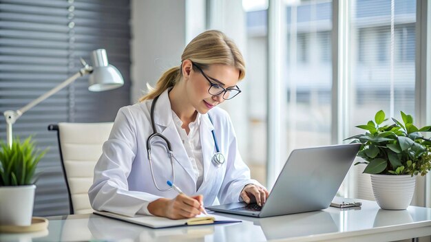 Photo a female doctor is working on a laptop and writing on a notebook