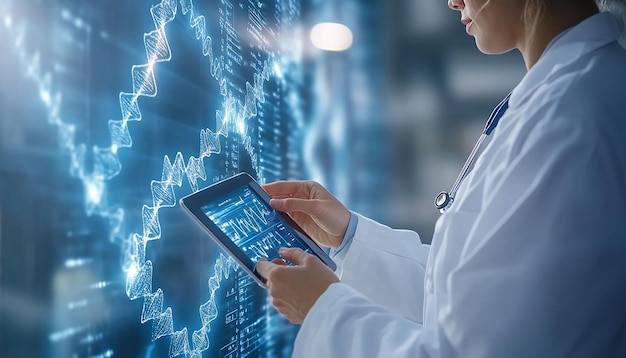 Photo a female doctor in a lab coat is using a tablet with a screen that says quot no quot