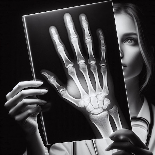 Photo a female doctor looking at a hand xray