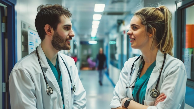 female doctor and male doctor talking in the corridor