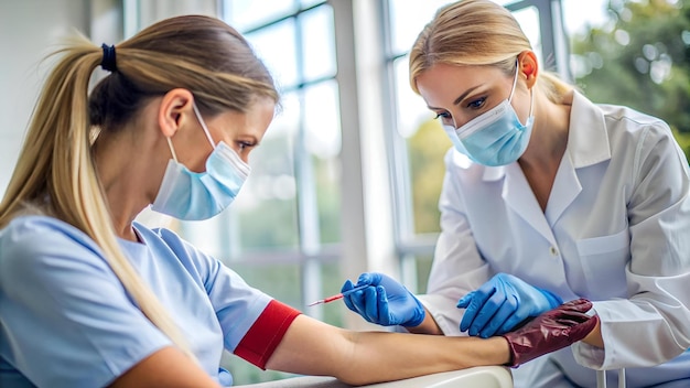 Photo female doctor in medical gloves take blood sample from patient to test for coronavirus in hospital