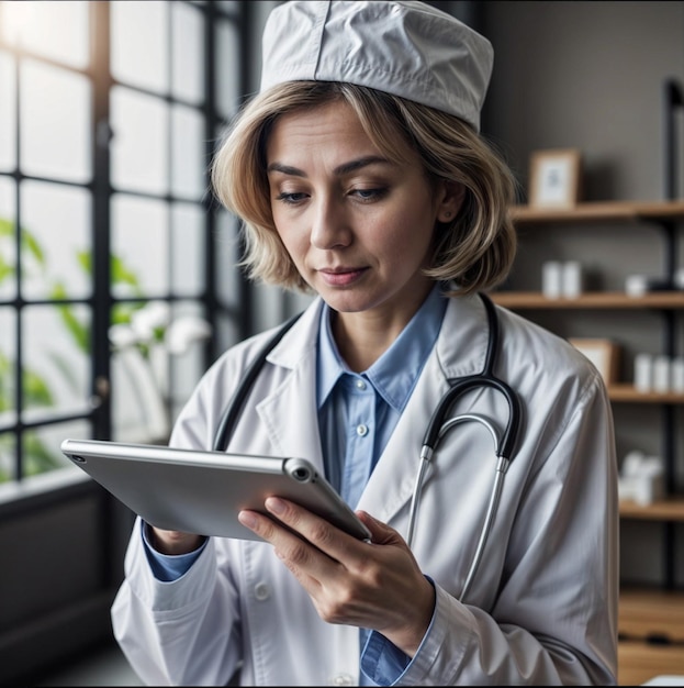 Female doctor multitasking with tablet and stethoscope around neck