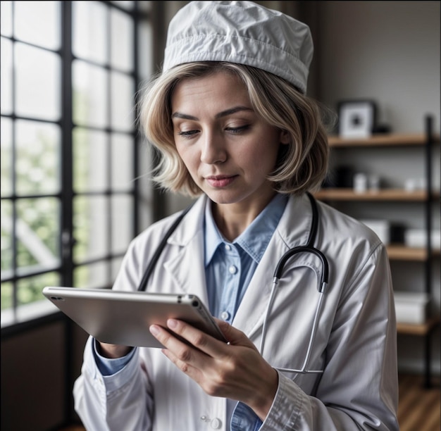 Female doctor multitasking with tablet and stethoscope around neck