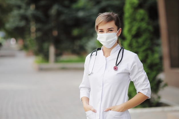 Female doctor or nurse wearing a face protective mask Covid19 healthcare