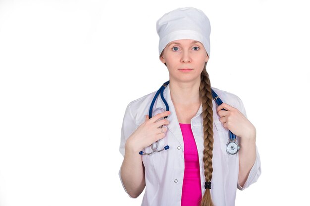 Female doctor or nurse with a stethoscope Isolated on white background copyspace