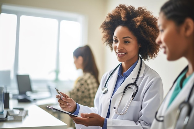 Female doctor and patient discussing something while sitting at the table