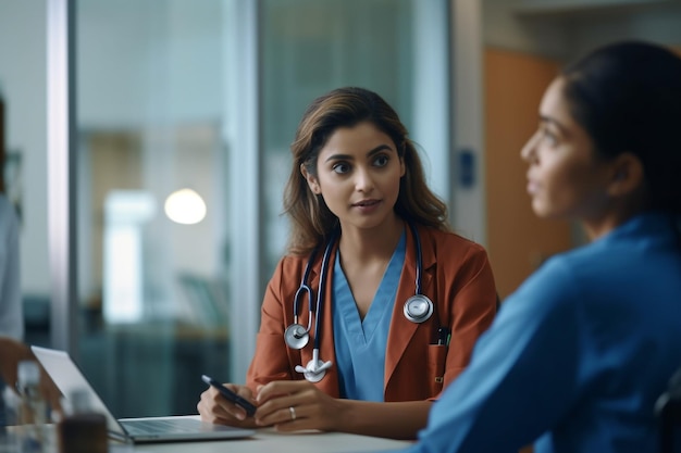 Female doctor and patient discussing something while sitting at the table