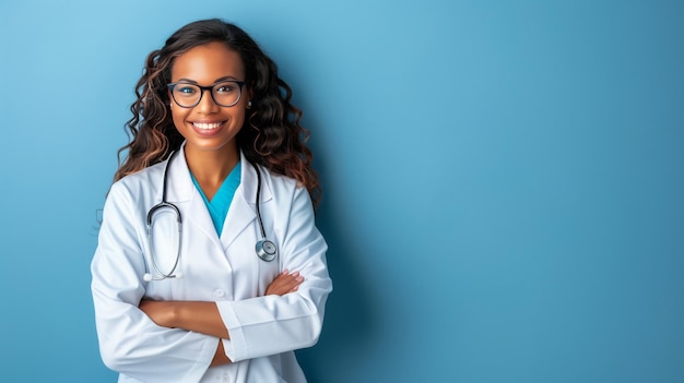 A female doctor in scrubs and stethoscope arms crossed in front of a blue wall