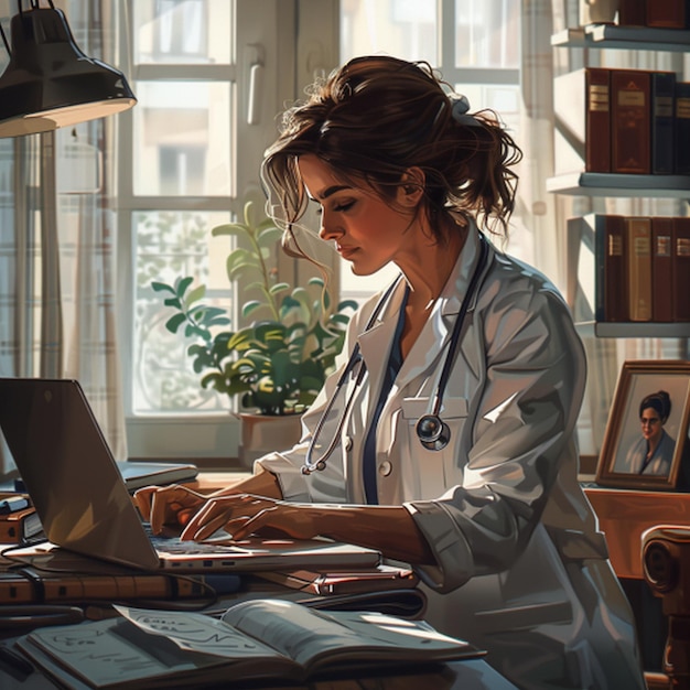 a female doctor sits at a desk with a laptop and a folder with the words medical on it