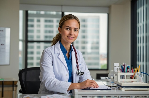 a female doctor sits at a desk with a stethoscope on her neck