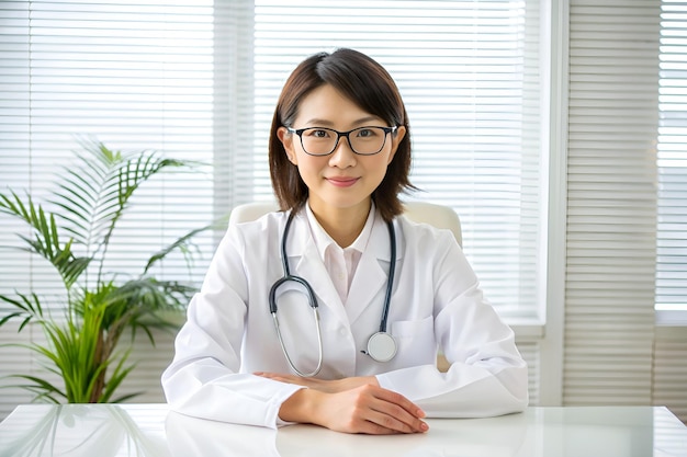 A female doctor sits at a desk