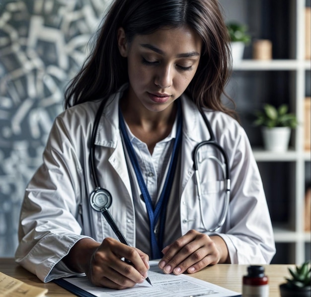 A female doctor sitting at a desk writing on a piece of paper with a pen