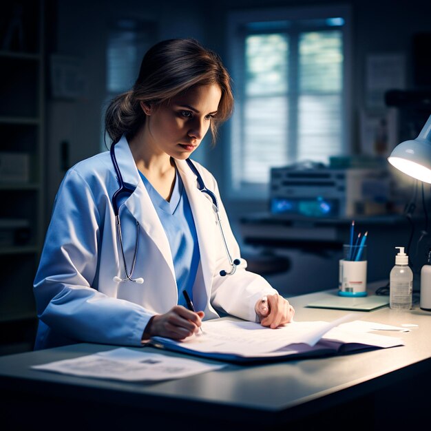 Photo a female doctor sitting her hospital office desk and looking at her patient treatment document