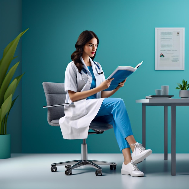 Photo a female doctor sitting her hospital office desk and looking at her patient treatment document