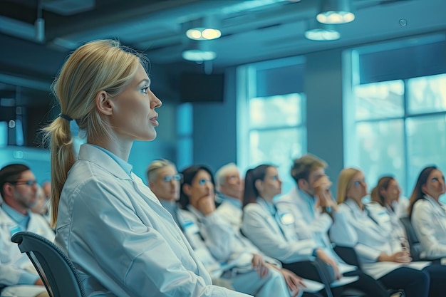 Photo female doctor speaking at healthcare conference