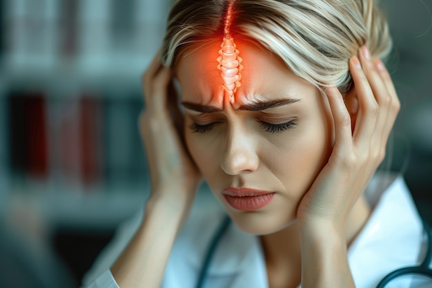 Female doctor suffering from a severe headache with highlighted pain area on forehead