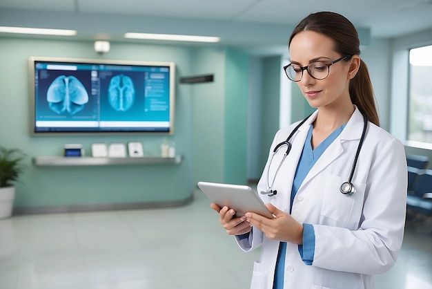 Female doctor using tablet computer in hospital lobby