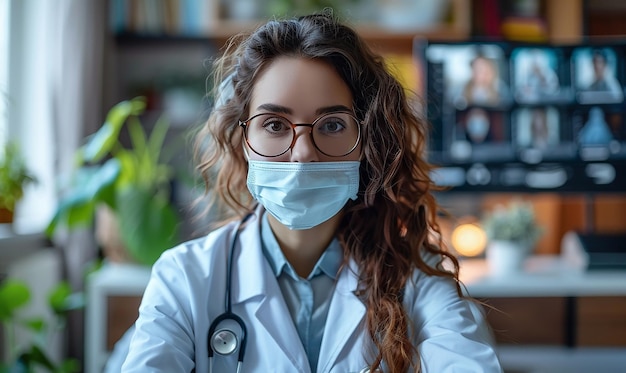 a female doctor wearing a white lab coat and glasses is wearing a surgical mask