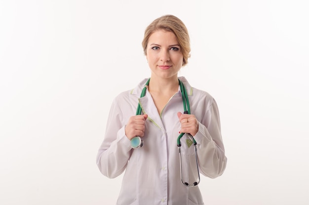 Female doctor on a white background with a phonendoscope