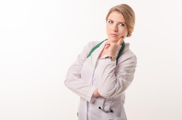 Female doctor on a white background with a phonendoscope