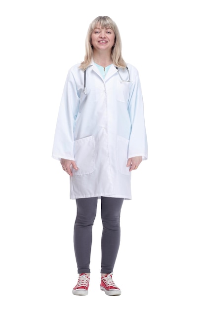 Female doctor in a white coat isolated on a white background