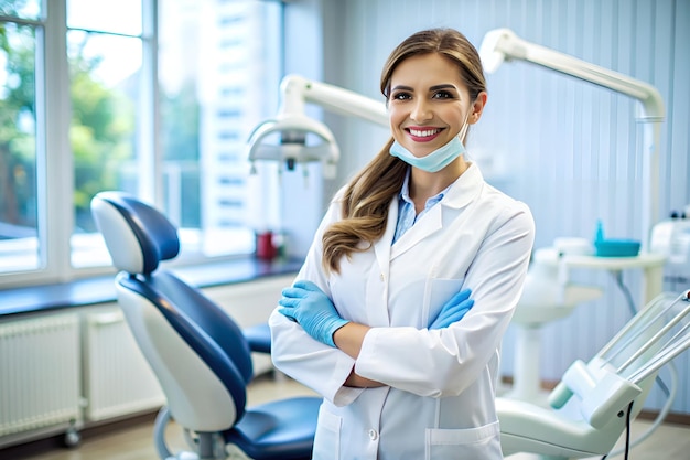 A female doctor in a white lab coat stands in front of a dental chair