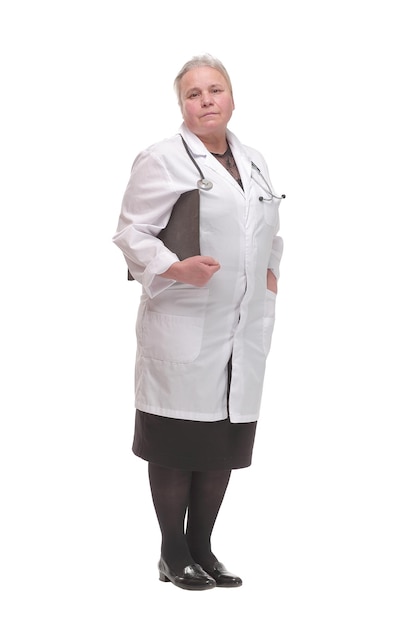 Female doctor in white scrubs pointing pen at camera