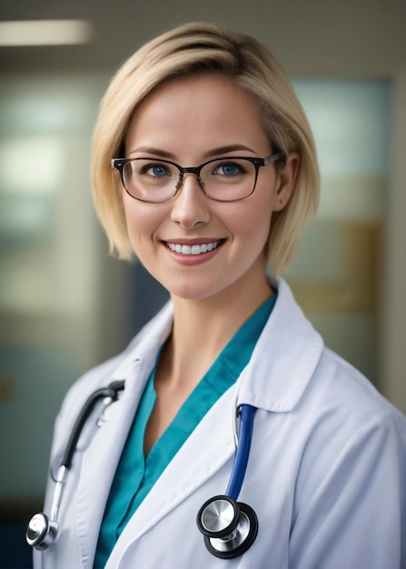 Photo a female doctor with glasses and a stethoscope