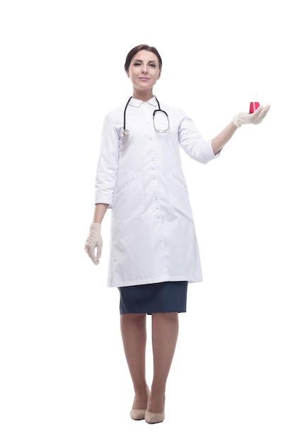 Female doctor with a laboratory flask in her hands