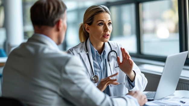 Female doctor with a stethoscope around her neck is having a conversation with a male patient in a medical office setting