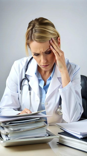 Photo a female doctor with a stethoscope on her neck is sitting at a desk