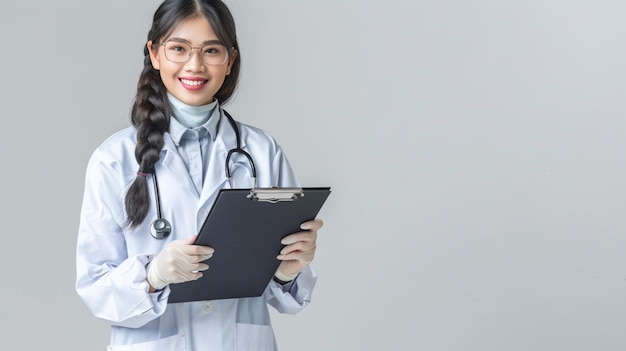 a female doctor with a stethoscope on her neck stands in front of a white wall