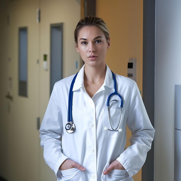 Photo a female doctor with a stethoscope on her neck stands in a hallway