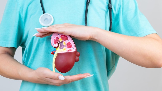 Female doctor with a stethoscope is holding mockup human kidney Help and care concept