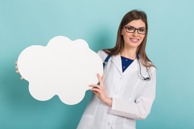 Female doctor with thinking speech bubble