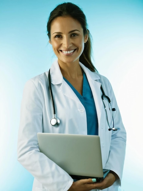 a female doctor with a white lab coat and a blue shirt