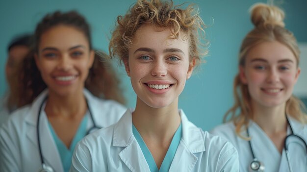 Photo a female doctor with a white lab coat and three women in front of them