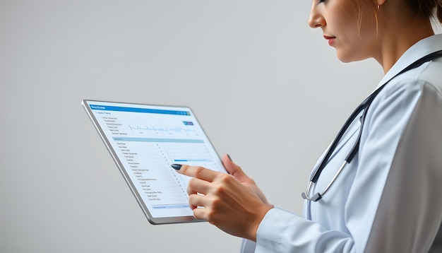 Photo female doctor working on electronic medical record to check patient information isolated with white