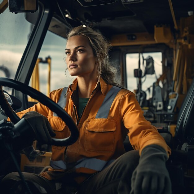 Photo female driver of heavy construction equipment