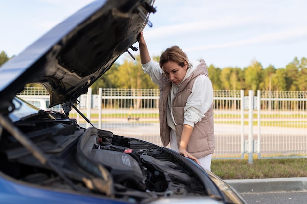 Female driver next to the open hood of a broken down car