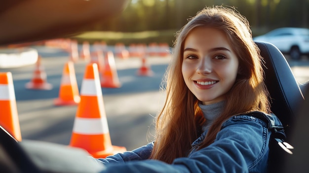 Photo female driver testing skills with traffic cones on track