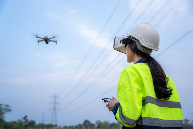 A female electrical engineer wearing vr goggles inspects site using drone survey aerial view of high voltage pylons at power station to plan electric power generation at high voltage pylons