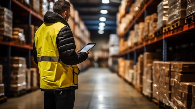 A female employee or supervisor checks the stock inventory on a digital tablet as part of a smart warehouse management system