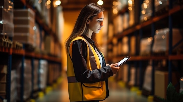 A female employee or supervisor checks the stock inventory on a digital tablet as part of a smart warehouse management system