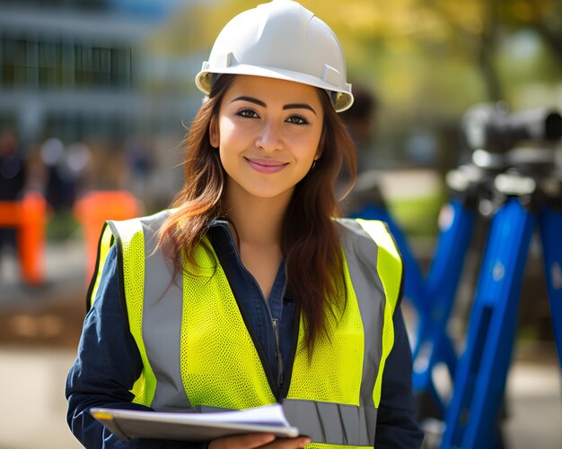 Female Engineer or Architect or Construction white with yellow safety helmet in construction site with customizable space for text