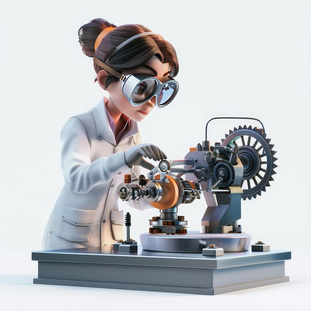 Female Engineer Character Wearing Protective Goggles Lab Coat Working Complex Machinery Design